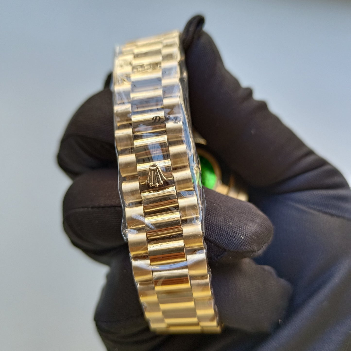 Rolex Yellow Gold Day-Date 41Mm Watch - Fluted Bezel - Green Index Dial - President Bracelet - Unique Anime Apparel for Fans