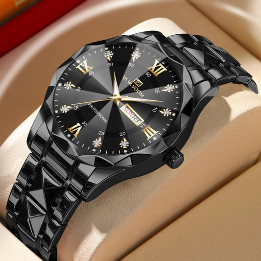 Men Watch Water Diamond Luxury Night Glow Double Calendar Quartz Movement 41mm Blue Gold Stainless Steel Fashion Business Watch - Black