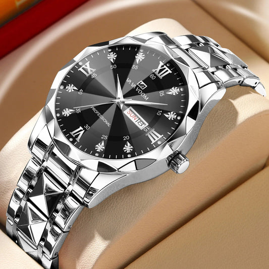 Men Watch Water Diamond Luxury Night Glow Double Calendar Quartz Movement 41mm Blue Gold Stainless Steel Fashion Business Watch - Silver
