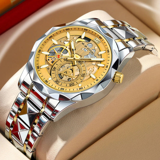 Luxury Mens Quartz Watch Blue Gold 41mm Hollow Dial Luminous Stainless Steel Timer Running Seconds Casual Fashion Gift Men Watch - Gold
