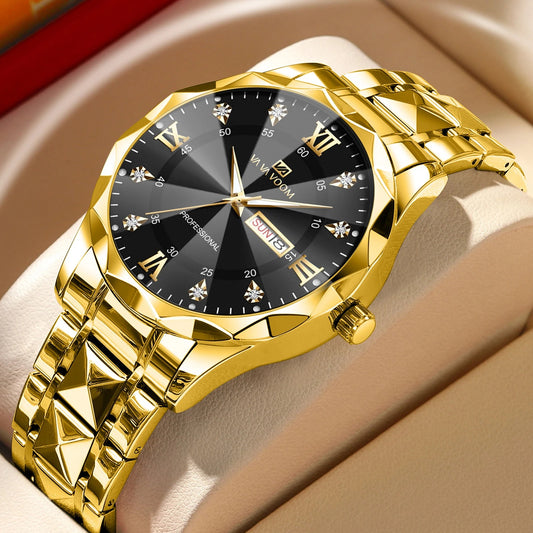 Men Watch Water Diamond Luxury Night Glow Double Calendar Quartz Movement 41mm Blue Gold Stainless Steel Fashion Business Watch - Gold