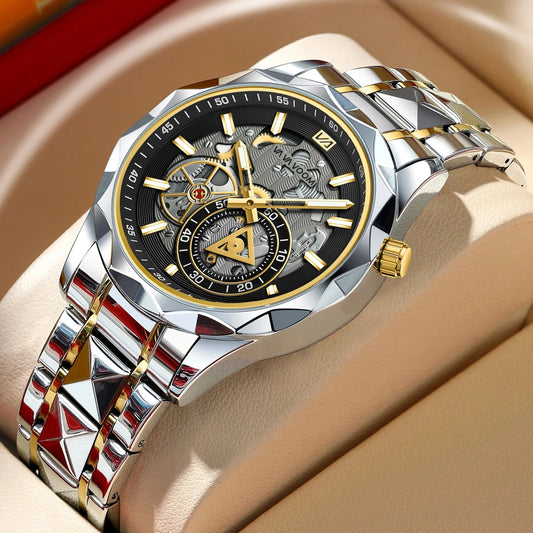 Luxury Mens Quartz Watch Blue Gold 41mm Hollow Dial Luminous Stainless Steel Timer Running Seconds Casual Fashion Gift Men Watch - Silver Gold