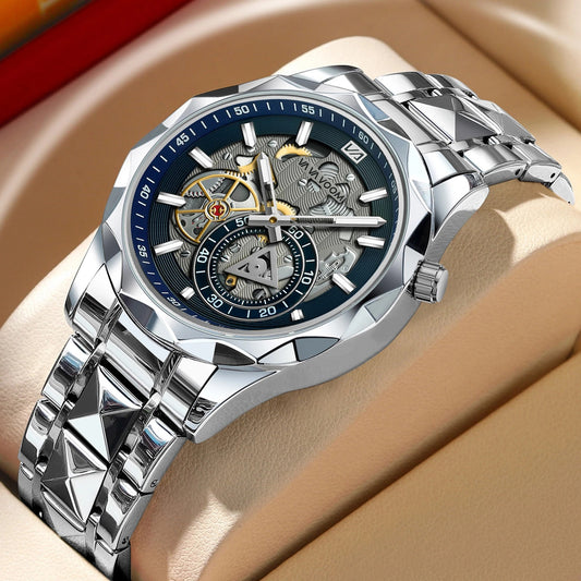 Luxury Mens Quartz Watch Blue Gold 41mm Hollow Dial Luminous Stainless Steel Timer Running Seconds Casual Fashion Gift Men Watch - Silver